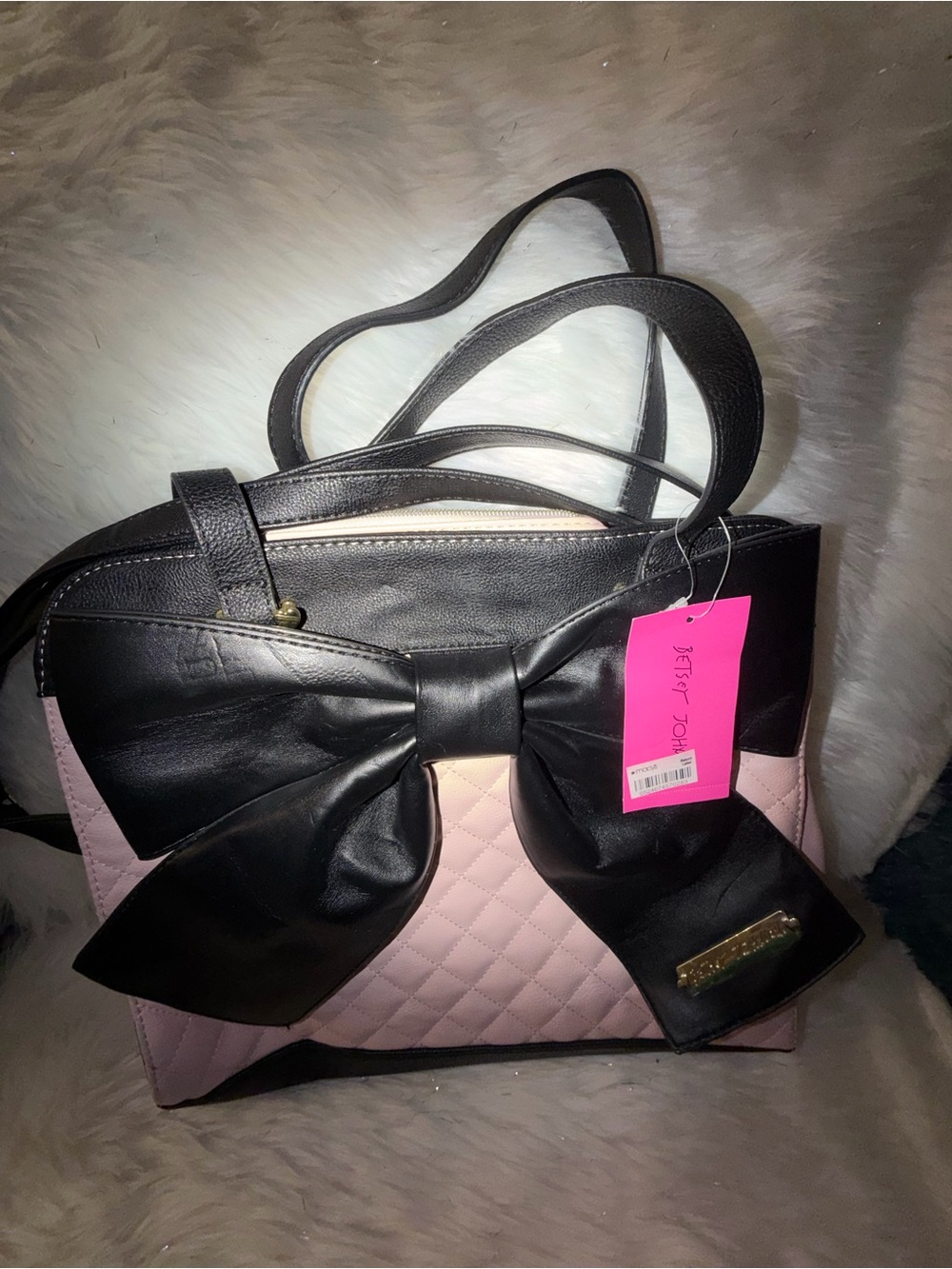 Betsey Johnson Pink and Black Quilted Tote with Large Bow